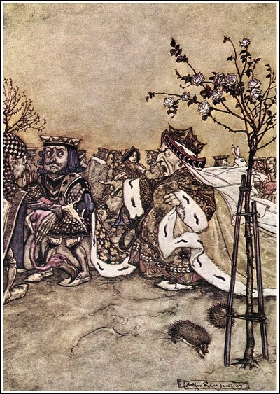 Alice im Wunderland - Die Königin hörte nie auf, mit den anderen Spielern zu streiten und zu rufen: Kopf ab! oder: Kopf ab! von Arthur Rackham